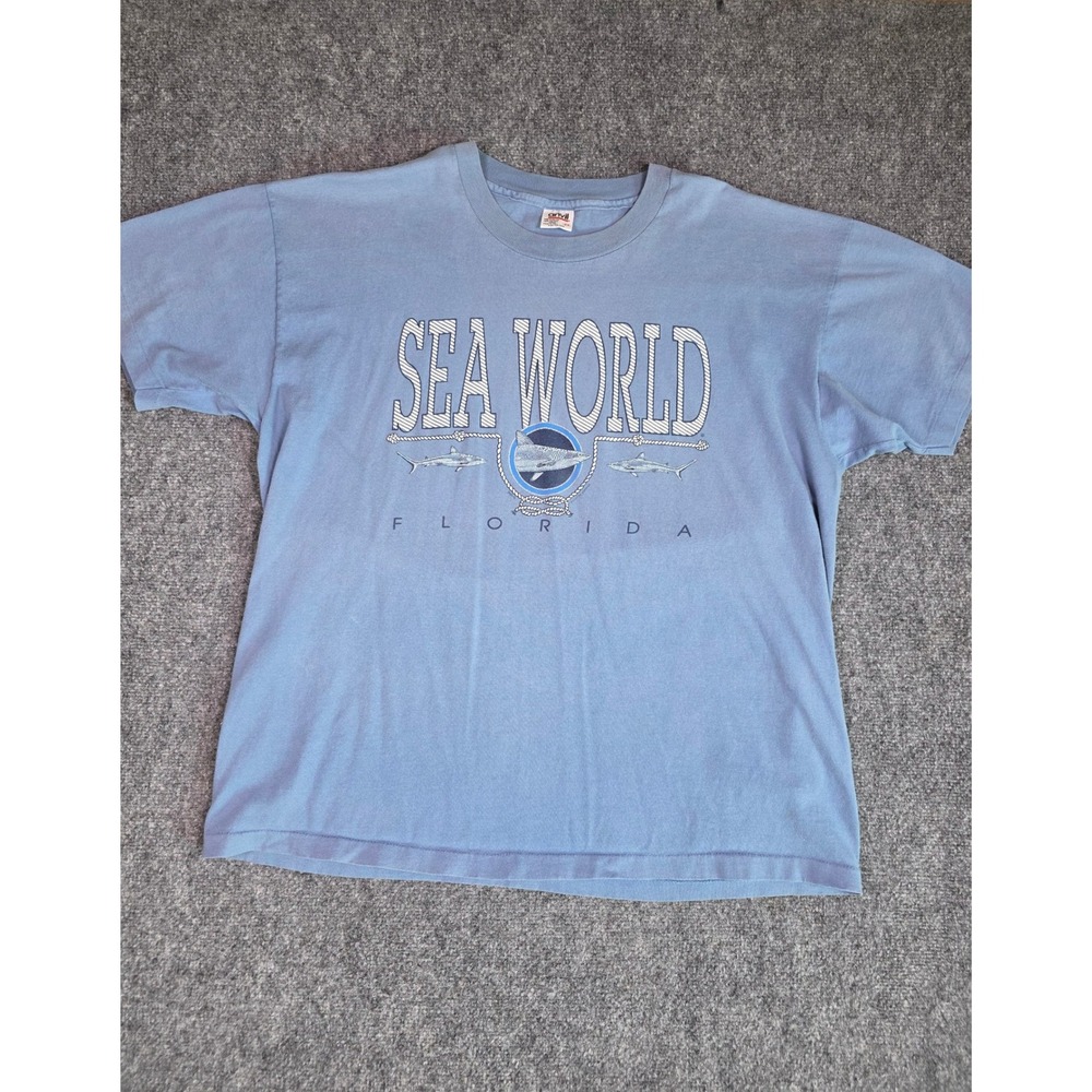 Vintage Sea World Florida T Shirt Mens 2X Blue Anvil 90s Orca Shark Graphic USA
